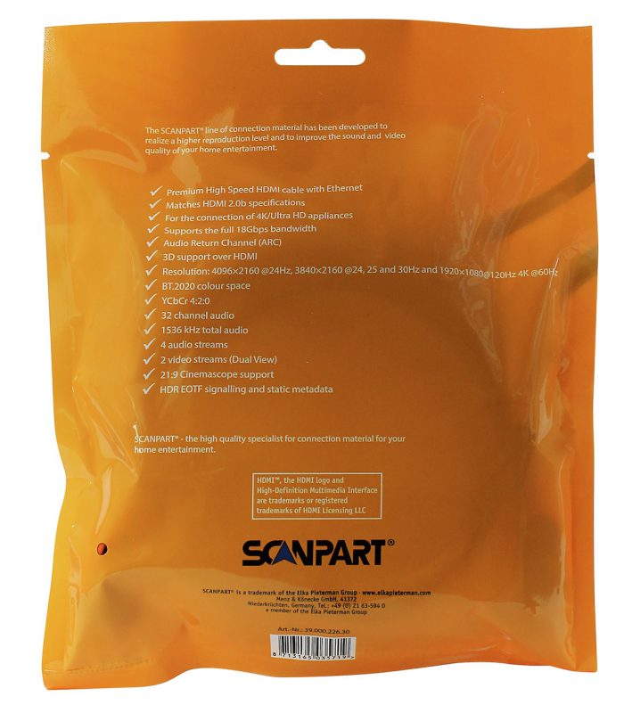 Scanpart Premium High Speed HDMI kabel met Ethernet 3.0m 4K60Hz 18Gbps HDMI kabel