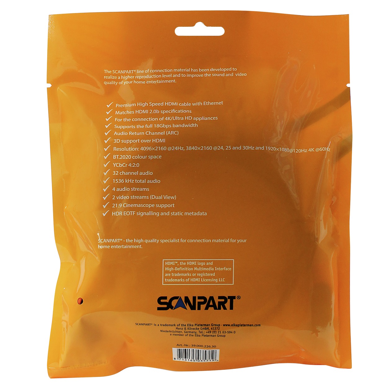 Scanpart Premium High Speed HDMI kabel met Ethernet 3.0m 4K60Hz 18Gbps HDMI kabel